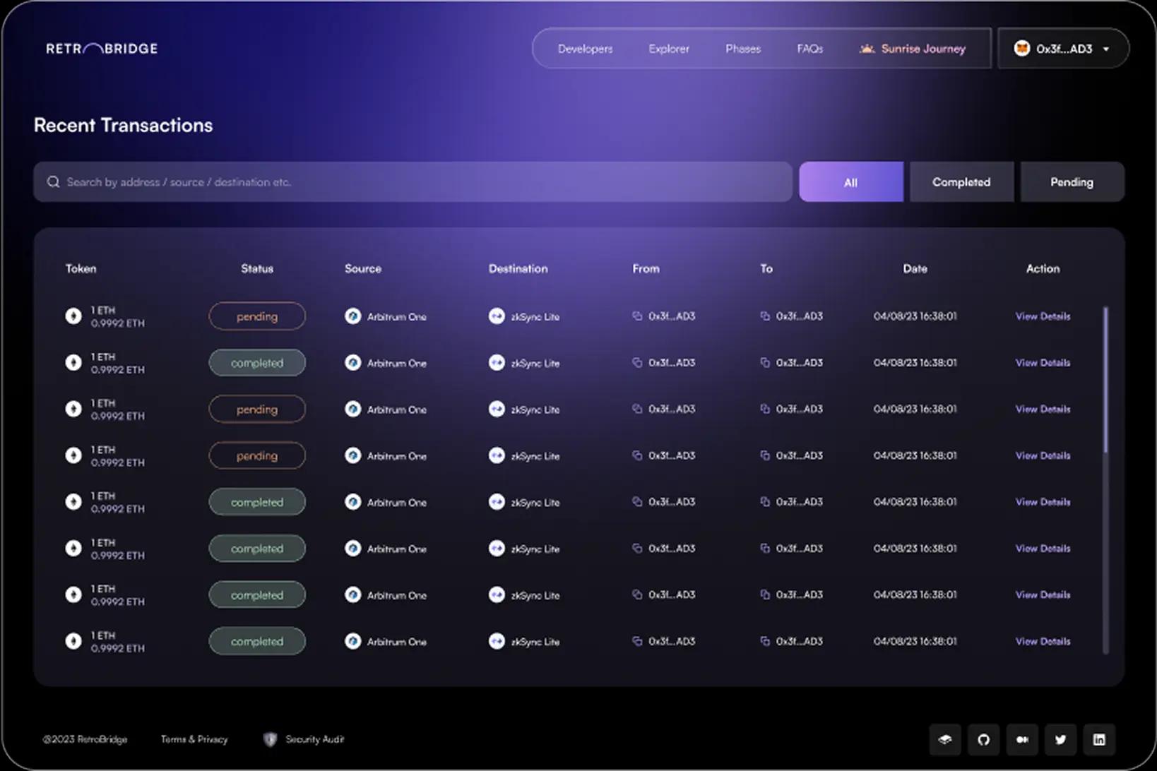 screen with a recent transactions